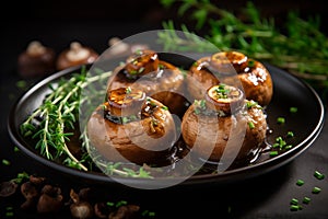 Baked succulent mushrooms on plate for dinner. Generative AI