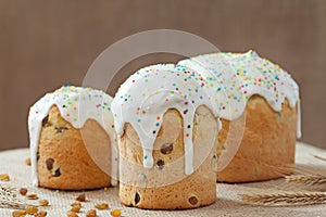 Baked sweet dessert traditional easter cake panettone also called kulich glazed with icing and raisins on vintage textile