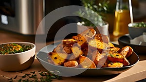 Baked sweet potato wedges with rosemary and thyme on plate