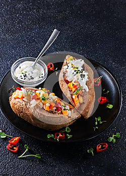 Baked sweet potato or yam, stuffed with chickpeas, rice, vegetables, red chilli pepper and yogurt sauce dressing. Overhead view,