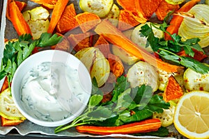 Baked sweet potato, zucchini and carrots