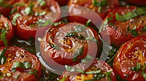 Baked tomatoes with herbs and spices on a white plate