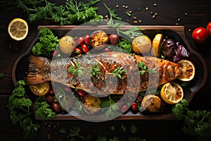 baked trout with vegetables and lemon, top view of fish.