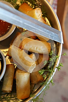 Baked tuna spring rolls in pretty tray