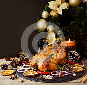 Baked turkey or chiken or Christmas or New Year Thanksgiving Day space for text