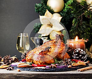 Baked turkey or chiken or Christmas or New Year Thanksgiving Day space for text