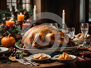 Baked turkey on a festively served table.