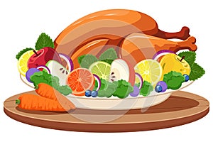 Baked turkey meat on saucer with fruits and vegetables.