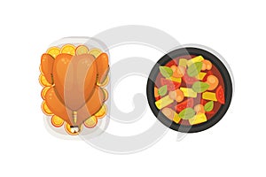 Baked turkey with orange for Thanksgiving Day in cartoon style. outumn food.