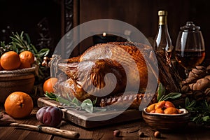 baked turkey with oranges, rosemary and fruits on the festive table.