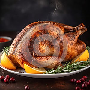 baked turkey with oranges, rosemary and fruits on the festive table.