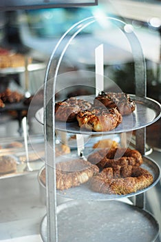 Baked turkish pastry in a vitrine of a cafe photo