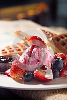 Baked waffle with strawberry ice-ream