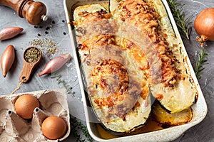 Baked zucchini, stuffed with meat on the gray background
