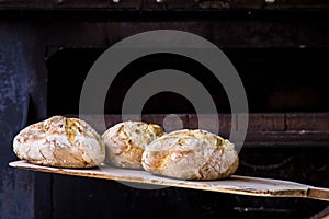 Baker baking fresh handmade bread in the bakery