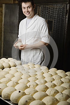 Baker With Balls Of Bread Dough Ready To Bake