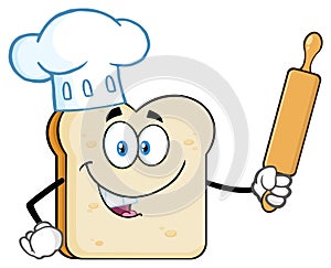 Baker Bread Slice Cartoon Mascot Character With Chef Hat Holding A Rolling Pin