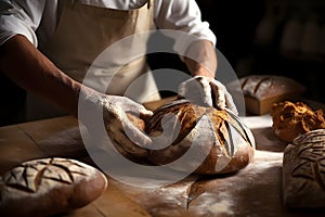 A baker carefully shaping artisanal bread loaves, showcasing the artistry and precision involved in the baking process. Generative