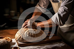 A baker carefully shaping artisanal bread loaves, showcasing the artistry and precision involved in the baking process. Generative