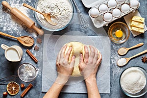 Baker chef preparing homemade dough bread, pizza or pie recipe ingridients, food flat lay