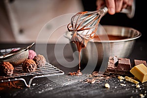 Baker or chocolatier preparing chocolate bonbons photo