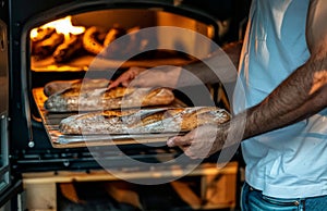 A baker is cutting bread with a bread knife in an oven