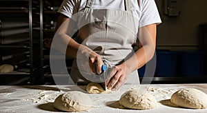 Baker cutting dough with knife on floured table, preparing bread in bakery kitchen