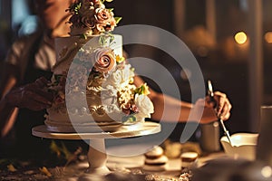 A baker decorating an elaborate wedding cake, AI generated