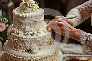 Baker Decorating An Elaborate Wedding Cake