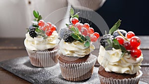 Baker decorating tasty cupcake. Icing sugar sprinkled on cake