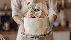 Baker delivering a beautifully decorated custom cake with elegant flowers