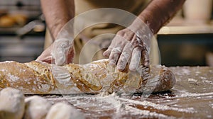 A baker expertly shaping a long slender loaf of bread their movements precise and fluid photo