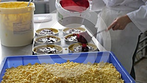 Baker filling and smoothing pie cases in industrial bakery