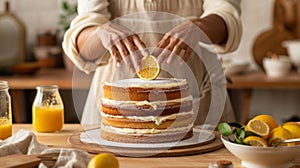A Baker Garnishing Lemon Cake.AI generated image