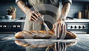 baker glazing an elongated, freshly baked baguette with a pastry brush. Generative AI
