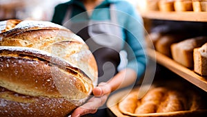 Baker with gray apron next to some shelves with breads offering with her hands a big bread with flour in the crust
