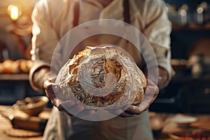 Baker holding beautiful round bread.