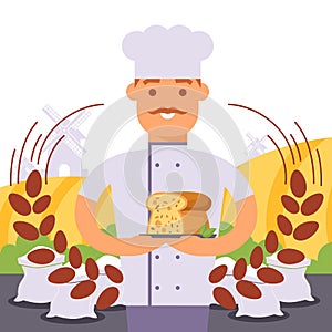 Baker holding bread, vector illustration. Professional cook in chef uniform, on background of wheat field and windmills