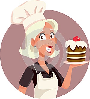 Baker Holding a Delicious Cake Vector Cartoon Illustration