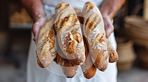 Baker holds fresh baked French baguettes. Homemade sourdough bread