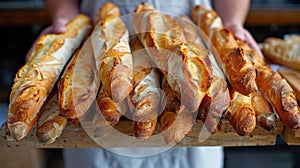 Baker holds fresh baked French baguettes. Homemade sourdough bread