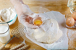 Baker knead dough bread, pizza or pie recipe ingredients with hands, food on kitchen table background, working with milk, yeast, f