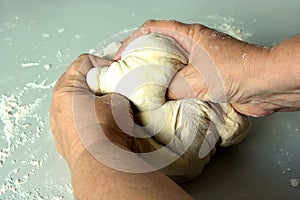 Baker kneading a yeast white bread dough