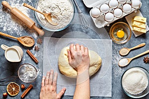 Baker mixing dough bread, pizza or pie recipe ingridients, food flat lay