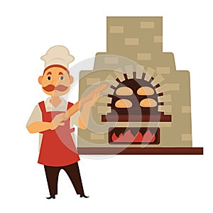 Baker with mustache and baguette stands near brick stove