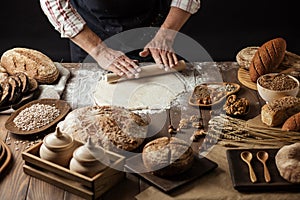 Man rolling out dough on kitchen table, close up