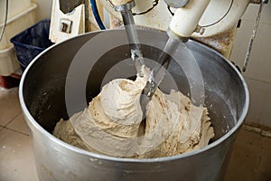 Baker preparing the dough for bread in a dough mixer