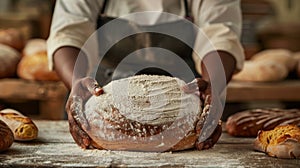 Artisan Baker Holding Fresh Bread. AI generated