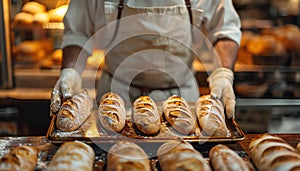 A baker pulls out freshly baked bread from oven, showcasing artisanal baking process. The warm glow of bakery highlights crusty