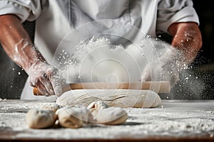baker rolling dough with pin, flour dust cloud around